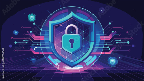 Digital shield and padlock protecting data circuitry and representing cyber security and protection