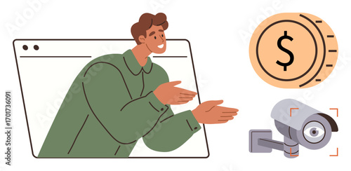 Man emerging from browser window gesturing, coin icon representing finance, CCTV camera symbolizing surveillance. Ideal for online security, privacy, finance, discussions, e-learning, technology