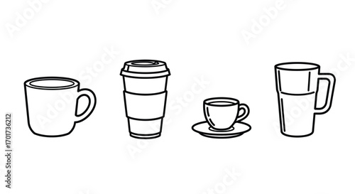 Four hand drawn coffee cups and mugs various sizes and styles line art sketch vector