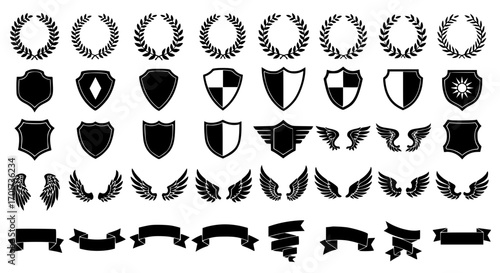 Collection of heraldic badges shields laurels wings banners and emblems for design projects