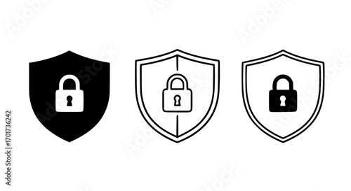 Three shield icons with padlocks representing security privacy and data protection concepts