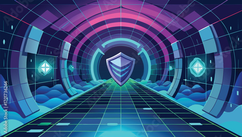 Futuristic cyber security concept shield representing protection in a digital tunnel environment with grid lines