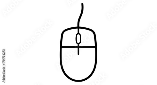 Simple line drawing of a computer mouse with cable iconic technology device for digital interaction