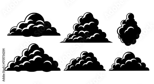 Six diverse black smoke cloud illustrations for dramatic visual effects and design elements