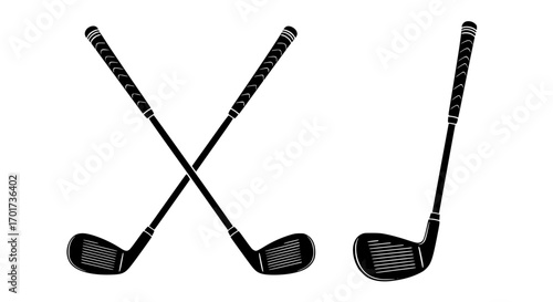 Two crossed golf clubs and a single golf club ready for the game sports equipment design