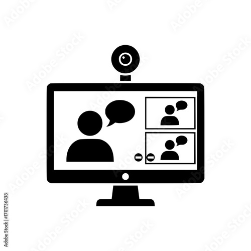 Computer monitor with webcam and video conference displaying people talking