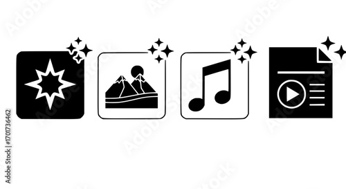 Set of four modern ui icons representing different media types and functionality