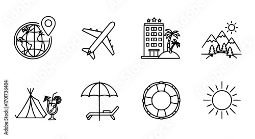 Hand drawn travel icons globe pin plane hotel mountains tent drink umbrella sun and lifebuoy for vacation planning