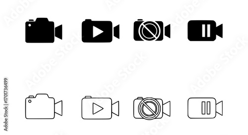 Collection of eight camera and video icons for digital media applications and design projects