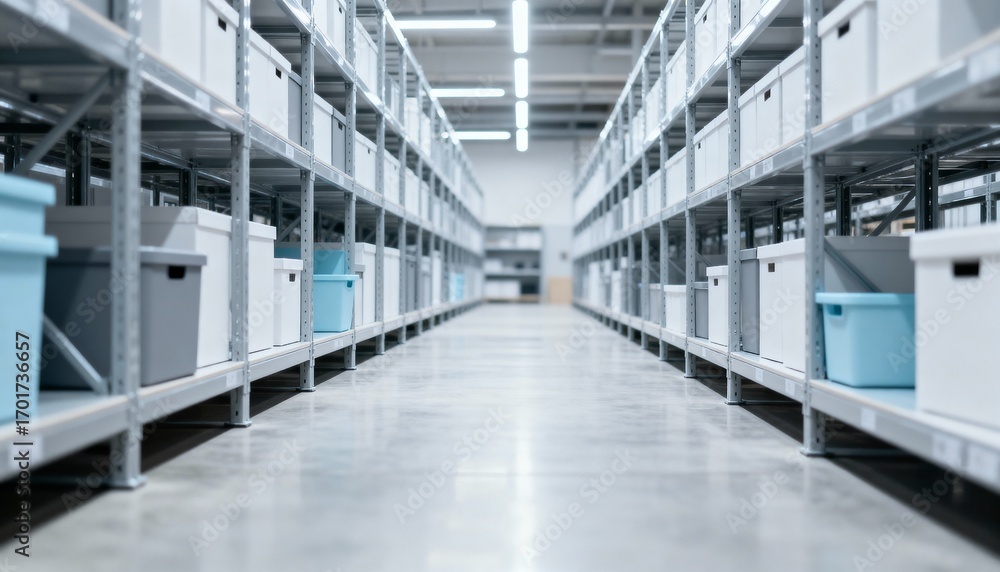 Fototapeta premium Warehouse Storage: Organized Shelves with Boxes for Efficient Inventory Management and Distribution Services
