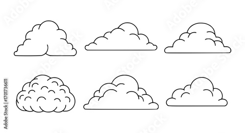 Collection of six hand-drawn cumulus clouds offering diverse sky elements and weather icons