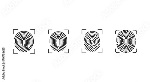 Four unique fingerprint patterns presented in clean square frames for identification and security concepts vector