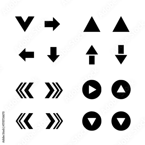 Diverse set of black arrows and play pause icons for navigation and controls