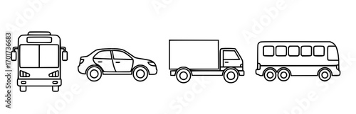 Set of vehicle line drawings featuring a bus a car a box truck and a minibus