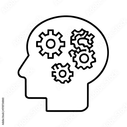 A clean white background provides the setting for a modern illustration of a head adorned with a gear icon, symbolizing idea logos, thoughtful symbols, and the embodiment of smart intelligence