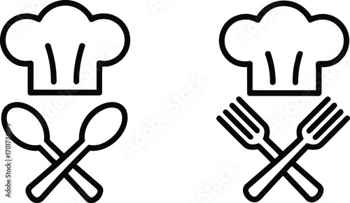 Outline Chef Hat Icons with Crossed Spoons and Forks Culinary Restaurant Vector Set