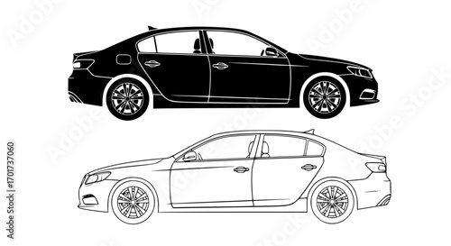 Two sedan car outlines one solid black silhouette and one detailed line drawing