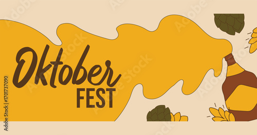 Banner with beer bottle, beer foam and inscription. Oktoberfest. Beer holiday. Banner. Bottle label. Background. Vector illustration.