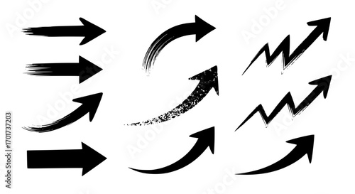 Collection of diverse black arrows showing upward trends and directional movement stylized for impact
