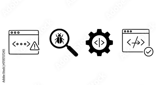 Coding and software development icons featuring code bugs debugging testing and programming concepts