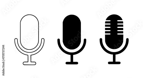 Three vintage microphone icons three styles outline solid grille audio recording broadcast media podcast