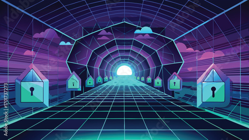 Futuristic cyber tunnel with padlock-shaped icons and glowing portal suitable for data protection concepts.