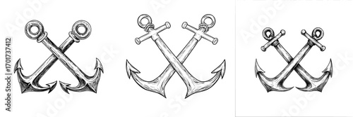 The image of crossed anchors is presented in a modern illustration as a monocolor symbol, representing the navy and sailing, including regattas, with its hand-drawn style, and is also utilized as a