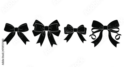Four elegant black bows of varying sizes displayed in a row decorative element vector