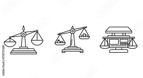 Three styles of balance scales representing weighing measurement justice and comparison vector