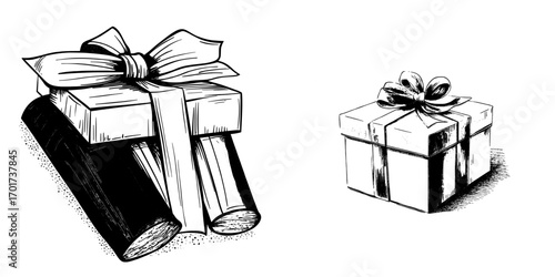 A modern gift box with a satin bow, isolated and in the shape of a house, serves as the holiday surprise icon