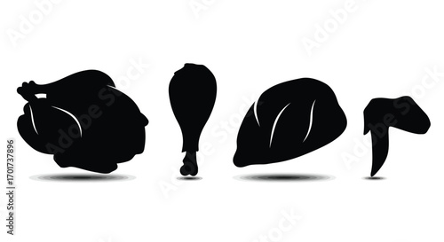 Silhouette collection of fried chicken pieces and whole chicken for food marketing vector