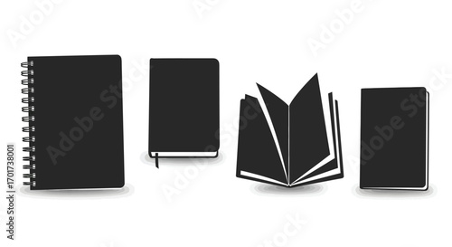 Collection of diverse black notebooks and journals showcasing various styles and formats vector