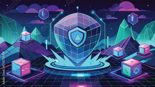 Futuristic digital landscape illustration with glowing geometric shapes representing cyber security and data protection