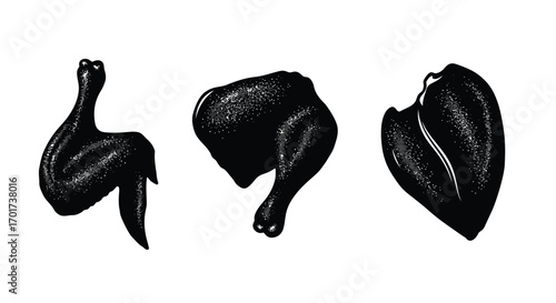 Three raw chicken parts isolated food elements prepared for cooking and culinary use vector