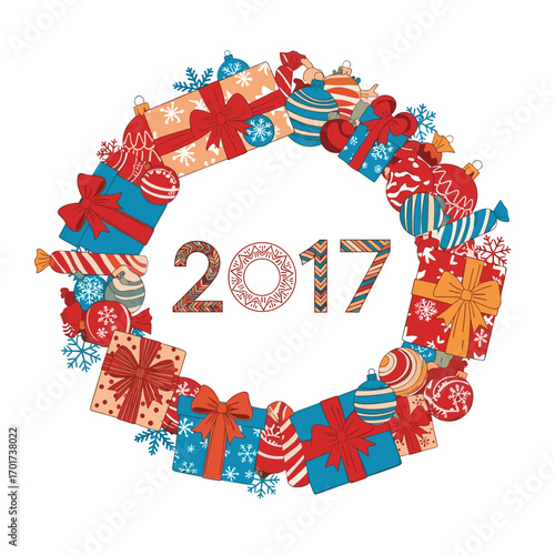 Festive new year and christmas celebration gifts and ornaments decorating the year 2017