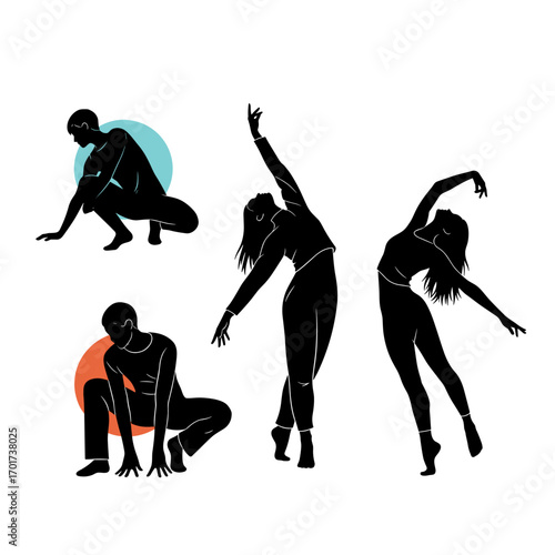 Silhouettes of dancers in various dynamic poses expressing movement and grace