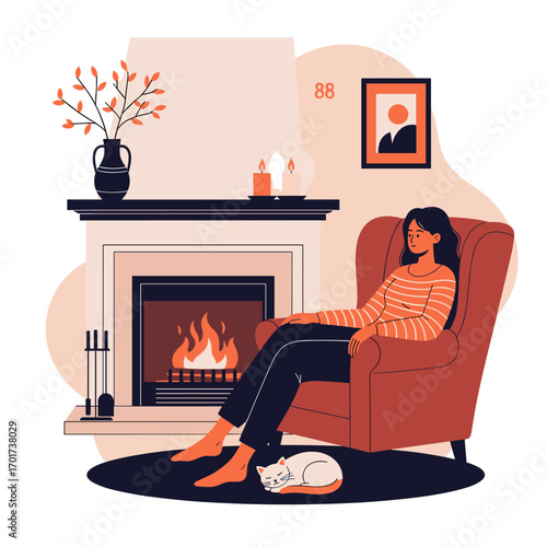 A woman enjoys a cozy evening by a warm fireplace with her cat resting nearby