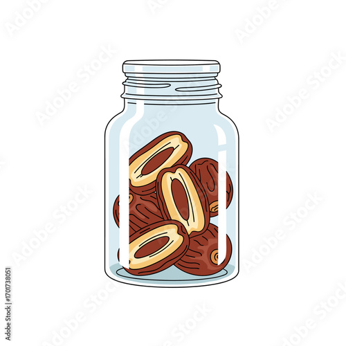 Delicious dried dates preserved in a transparent glass jar for healthy snacking and natural sweetness