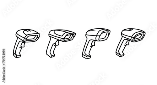 Four handheld barcode scanners in a row line art style for retail and inventory management vector