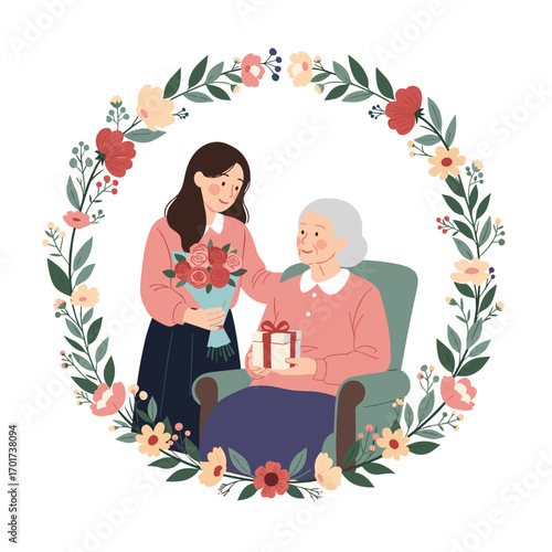 A loving daughter gifts her cherished mother with a beautiful bouquet of flowers and a special present celebrating their bond