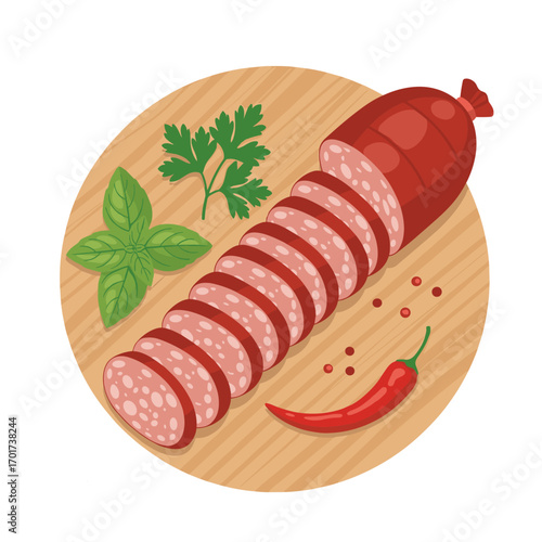 Delicious sliced sausage presented with fresh herbs and spicy chili pepper on a wooden board for a culinary delight