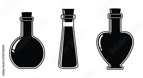 Collection of three stylized black glass potion bottles with cork stoppers for alchemy and magic vector