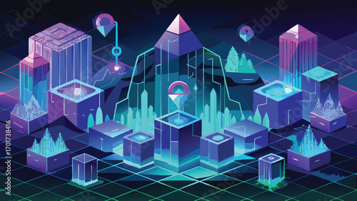 Futuristic isometric city illustration featuring neon colors geometric buildings and cyberpunk landscape grid perspective design.