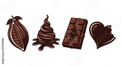 Delicious assortment of dark chocolate treats cocoa bean bar and heart shape vector