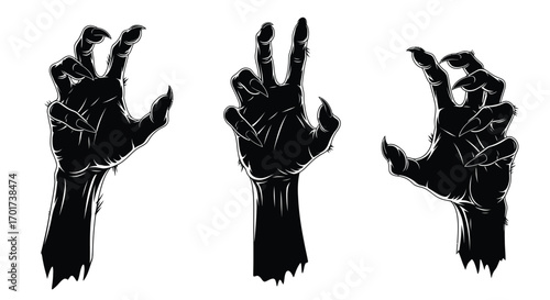 Three spooky black silhouette hands reaching out from darkness abstract horror theme vector