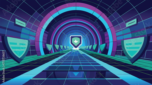 Futuristic tunnel with shields and neon grids perfect for digital security and technology concepts
