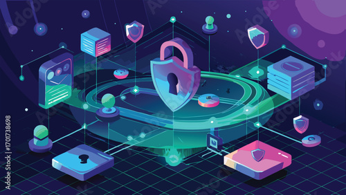 Isometric cyber security illustration representing data protection and digital safety with shields and padlock in a futuristic setting