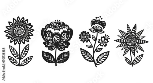 Whimsical folk art style flowers collection decorative elements floral art isolated vector