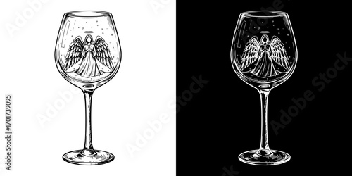 Wine glass as a snow globe, inside which an angel with a halo has hands folded in prayer and snow is falling, isolated vector image, two design options on transparent and black backgrounds, pencil dra