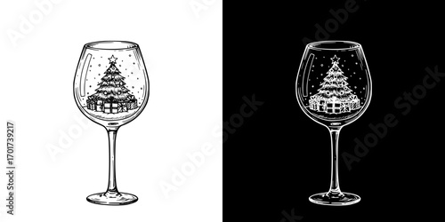 Wine glass as a snow globe, inside which there is a Christmas tree with gifts and snow falling, isolated vector image, two design options on transparent and black backgrounds, pencil drawing, chalk dr